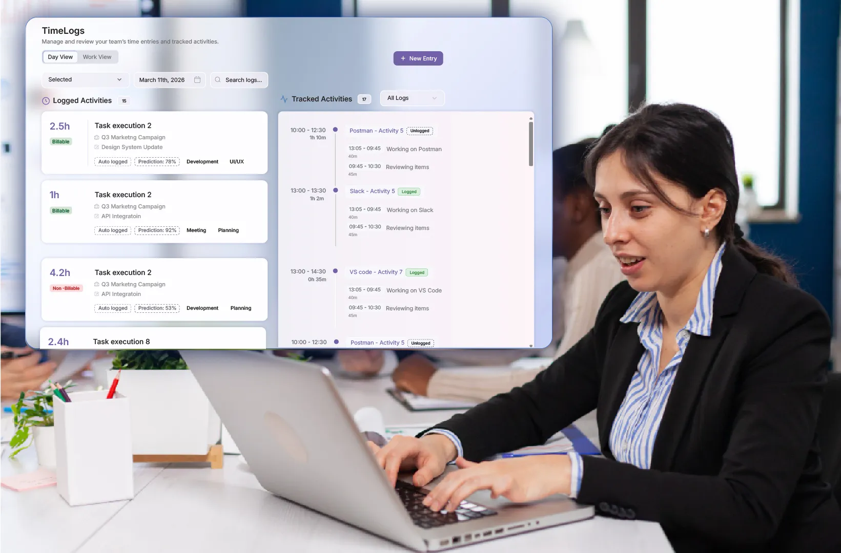 Ralvie Time Logs workspace showing logged and tracked activity